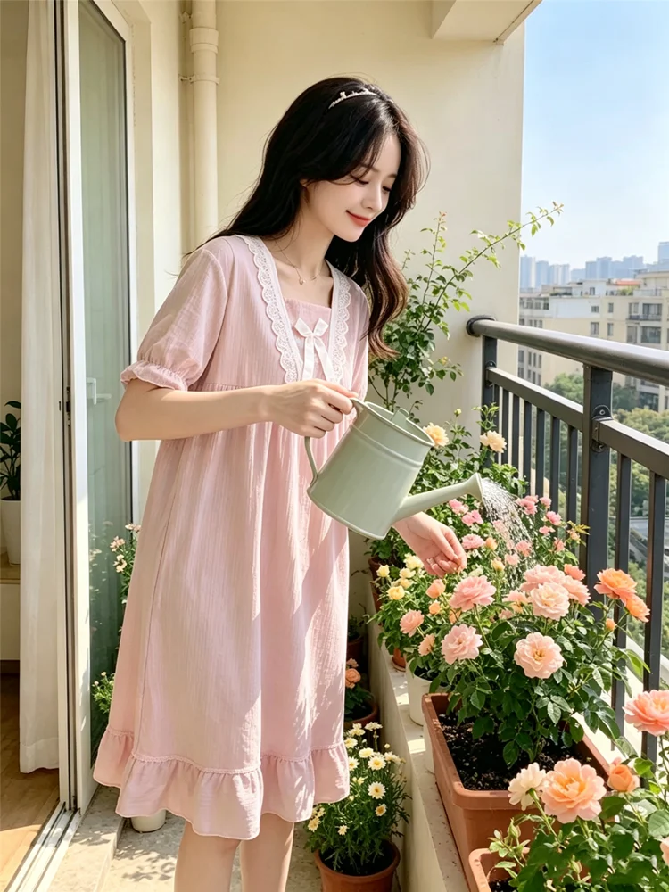 Women's Retro Summer Pajamas Dresses Sleepwear Sweet  Night Dress Women Nightgown Short Sleeve Lingerie Lace Patchwork Nightie