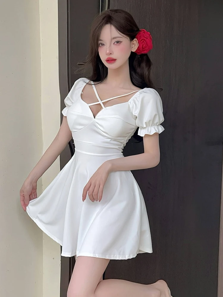 

Нежное ретро-платье с квадратным вырезом, открытыми ключицами, пышными рукавами, сексуальное, с завышенной талией, А-силуэт, летнее, короткое