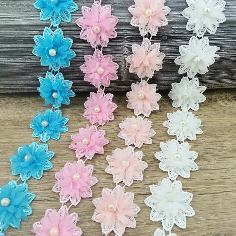 (17 Flowers/roll) 5cm Width 4 Colors Lace Chiffon Flowers Home Decoration Clothing Accessories Handmade DIY Crafts Lace