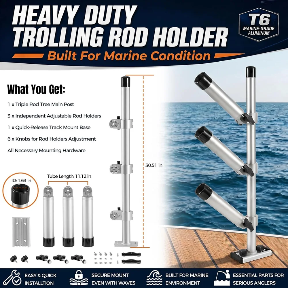 3 Rod Adjustable Fishing Rod Holder Tree for Boat, 360° Rotation & 180° Tilt, Height Adjustable Marine Grade Rod Holder System
