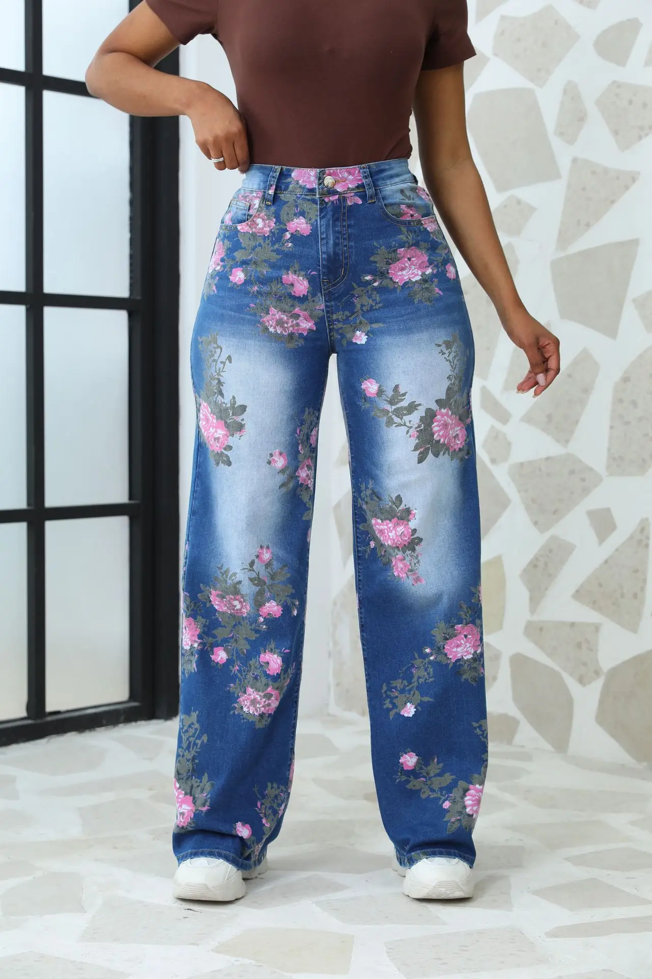 2024 Autumn New Women\'s High Waist Floral Pattern Jeans Fashionable Stretch Loose Denim Wide Leg Pants