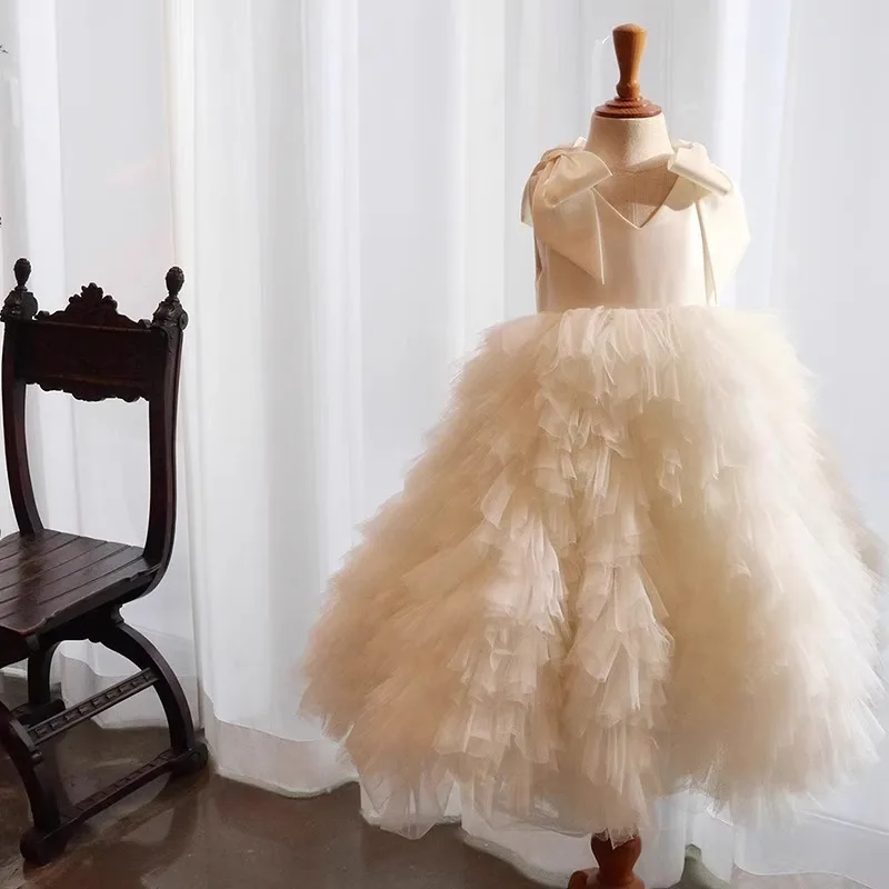 Kids Formal V Neck Sleeveless Bow Tulle Tutu Birthday Party Banquet Princess Gown Flower Girl Wedding Piano Performance Costume