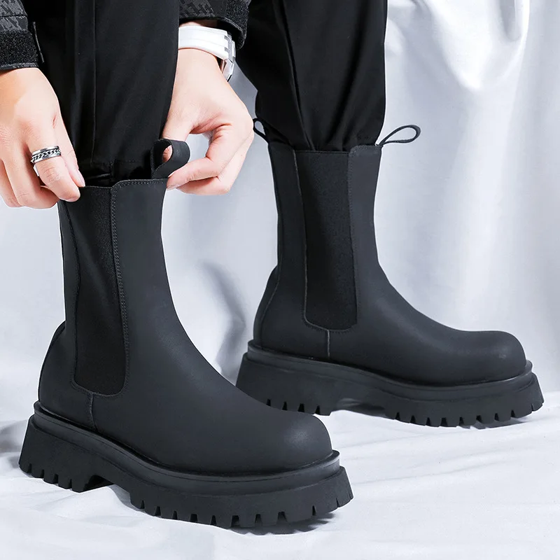 

British style men's casual party nightclub high chelsea boots slip-on natural leather shoes cowboy platform boot long botas male