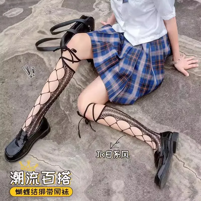 Young Teen Girls Hollow-out Socks College Style Crisscross Straps Black JK Mesh Knee Stockings Millennium Girl Style Outfit