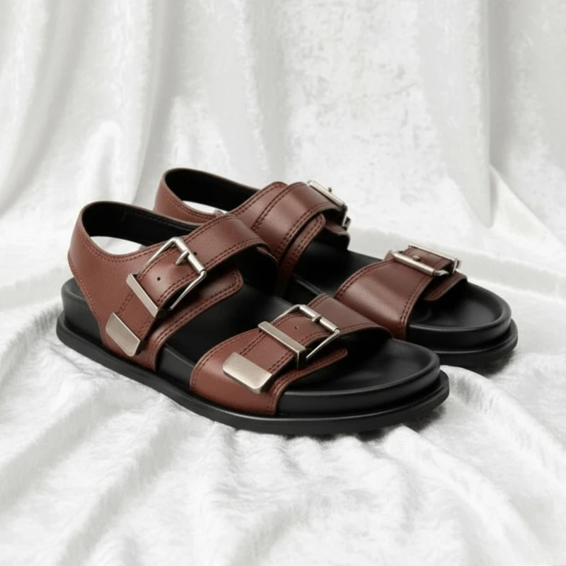 

2026, женские сандалии на плоской платформе, верхняя стежка, металлическая пряжка, круглый носок, ремешок сзади, летние пляжные удобные прогулочные туфли с открытым носком