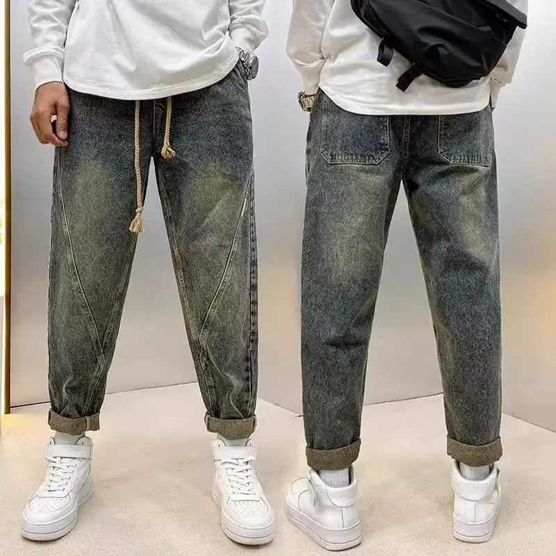 

American Style Men's Jeans Casual Loose Fit Straight Leg Elastic Waist Vintage Look Harlan Nine-Piece Pants Cotton Polyester ...