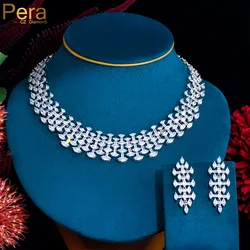 Pera Luxury Shiny White Cubic Zirconia Big Satement Choker Necklace Earrings Wedding Jewelry Set for Brides Dress Accessory J400
