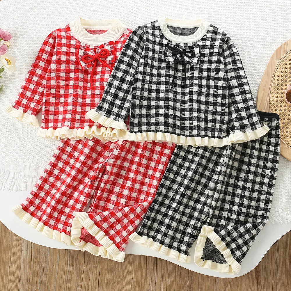 

Новинка 2025 года, детский рождественский комплект, модный вязаный комплект в клетку для девочек, топ из 2 предметов с бантом и длинными рукавами + штаны, трикотажная одежда для маленьких девочек от 9 месяцев до 5 лет