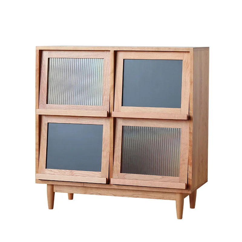 

Nordic solid wood Japanese-style bookcase, glass rattan magazine cabinet in B & B apartment