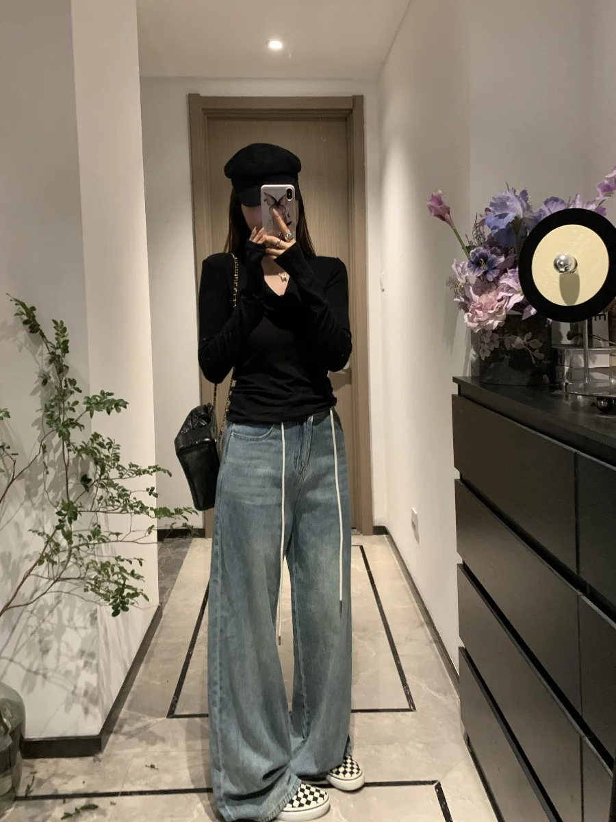 

Джинсы женские с высокой талией, повседневные, из денима, весенние, универсальные, свободные, прямые, из хлопковой стрейч-ткани, на молнии