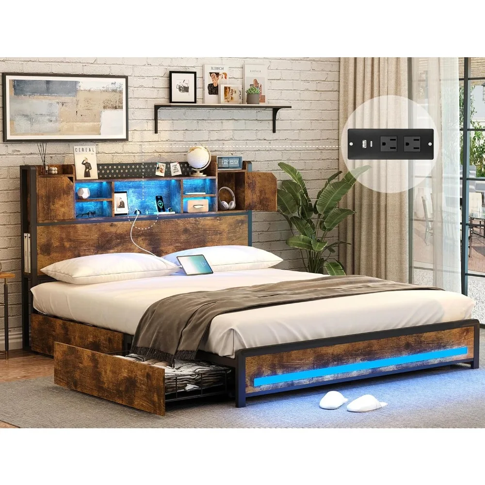 

Queen Size Bed Frame with Bookcase Headboard, LED Beds Frames with Type-C & USB Ports, Metal Platform Bed with Storage