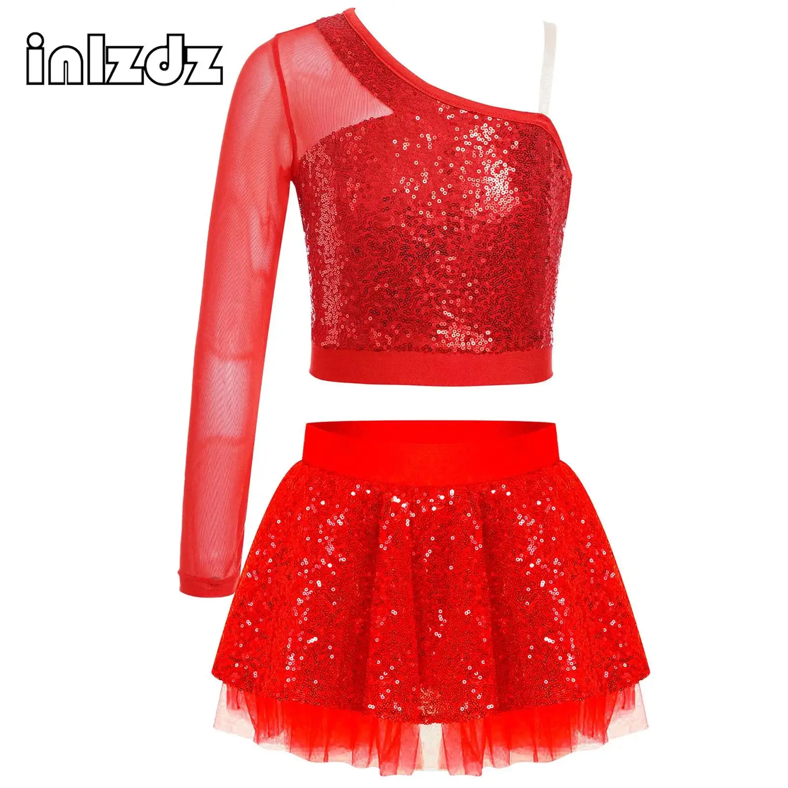 Kids Girls Shiny Sequins Dance Sets for Moden Jazz Hip Hop Cheerleading Performance Dance Costume Crop Top with Skirt Outfits