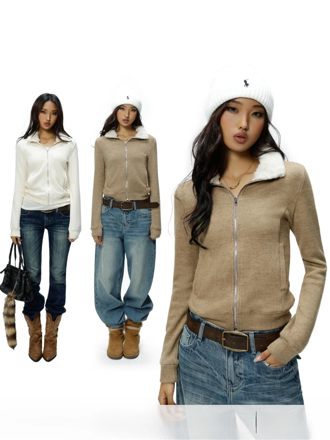 

Audwyn Slim Fit Furry Zipper Long Sve High Collar Jaet Women's Faionable Sli American Retro Sle Winter Coat