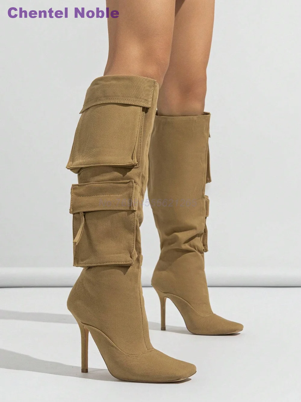 Stivali da tasca in tela al ginocchio Sexy tacco alto sottile punta quadrata solido marrone nero verde scarpe da donna moda 2024 nuova nicchia per