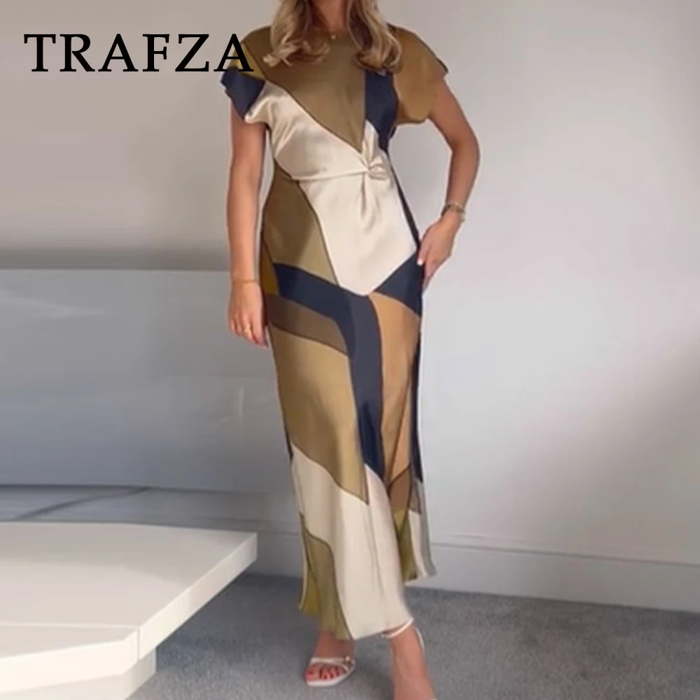 TRAFZA Chic Patchwork primavera 2025 Vestido estampado Midi Tank Vestido de mujer largo plisado ajustado moda verano elegante Vestido de vacaciones