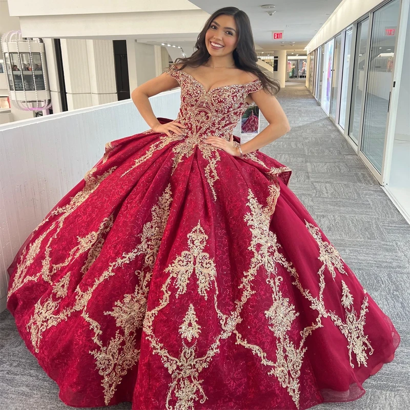 

EVLAST Red Mexico Ball Gown Quinceanera Dress Golden Lace Appliques Beads Off Shoulder Sweet 16 Dress Vestidos De 15 Años TQD051