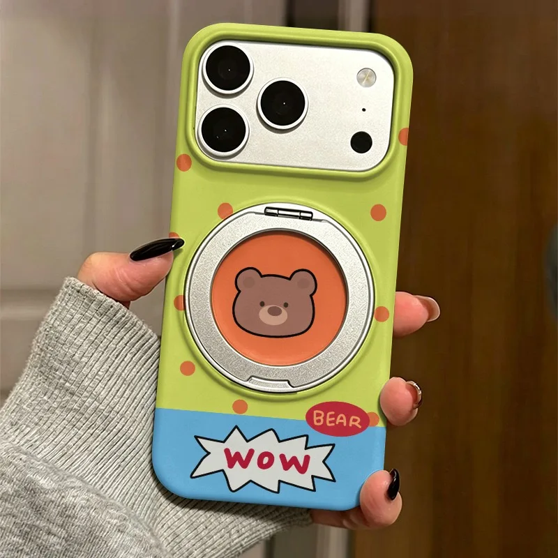 Funda de teléfono con diseño de oso de dibujos animados y lunares verdes para IPHONE 17 PRO 16 15 PROMAX 14 13 12 11 PRO MAX, carcasa rígida con soporte giratorio mate.