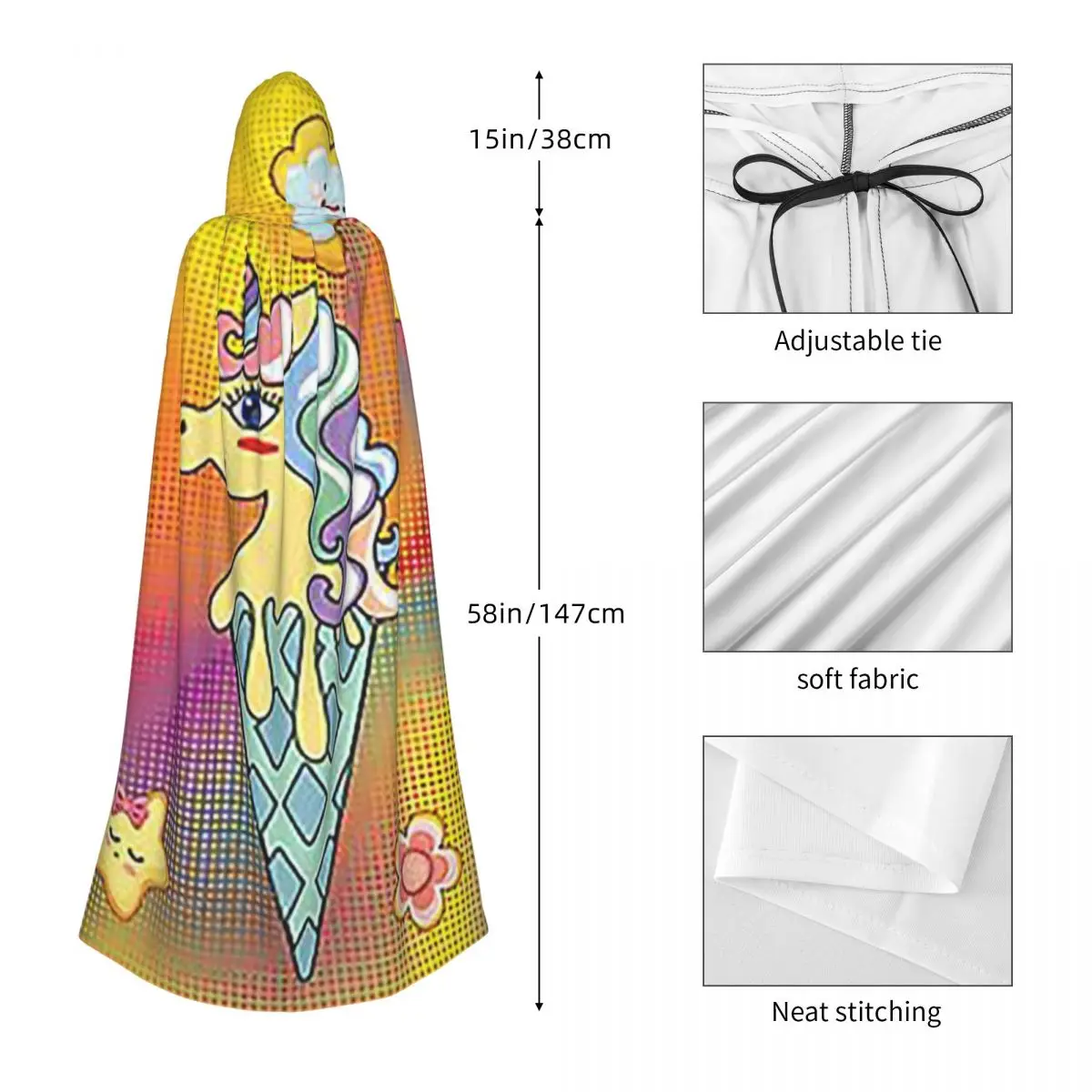 Ice Cream Unicorn Long Hooded Cloak Witch Medieval Costume Cosplay Cape HalloweenVampire Adult Unisex