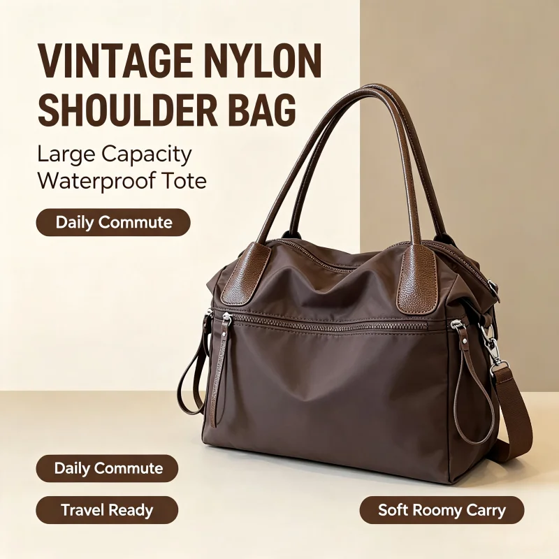 Vintage Nylon Women Shoulder Tote Bag Large Capacity Waterproof Handbag Multi-use Purse For Female Daily Commute Travel Outdoor