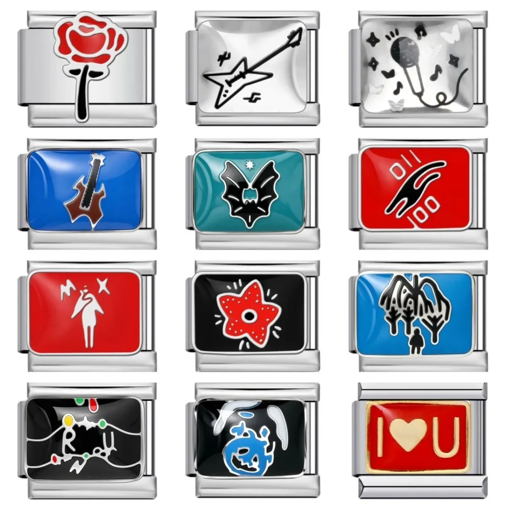 Fashion Enamel Italian Charm Link Fit 9MM Stainless Steel Bracelets Rose Guitar Bat Star Tree Microphone DIY Making Bead Jewelry