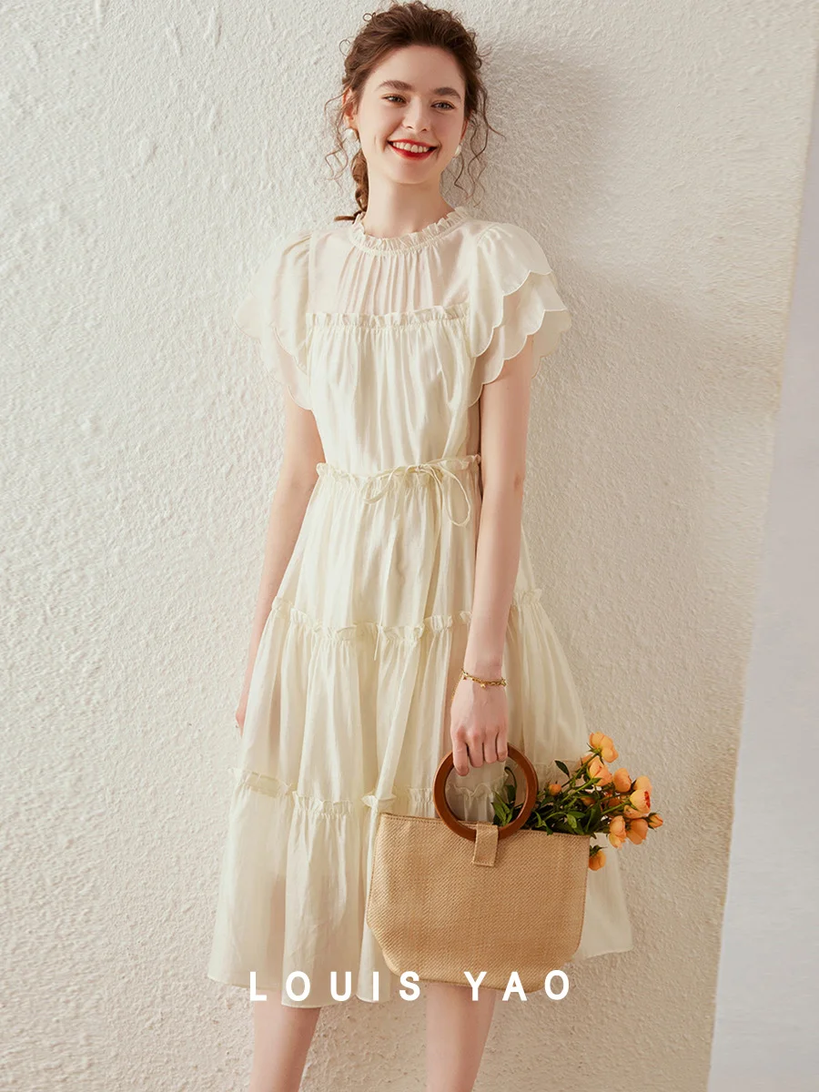 

LOUIS YAO 2025 Summer French Elegant Long Dress Solid Color Craft Embroidered Edge Drawstring Pinched Lace Women's Dress