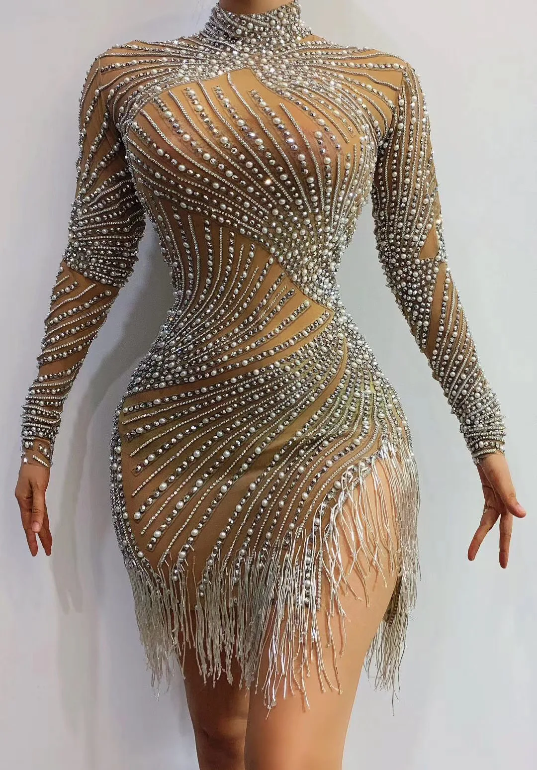 

Long Sleeves Nude Shining Rhinestones Tassel Sexy Split Dress For Women Jazz Latin Dance Clothing Stage Singer Costumes