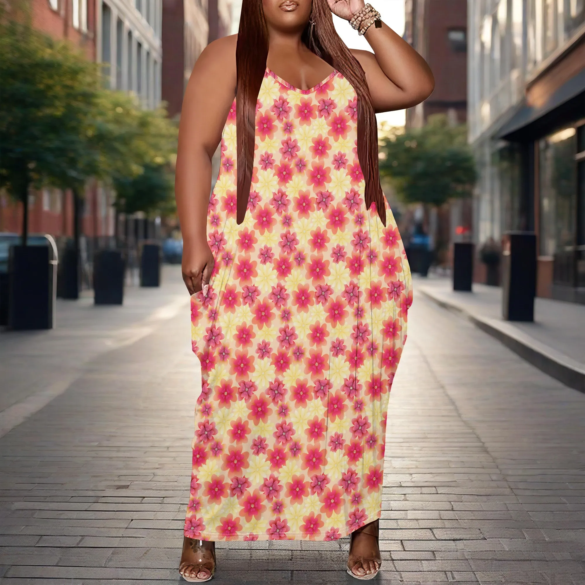 Women Plus Size Dress Floral Print Loose Halter Long Dress with Pocket Stretchy Relaxed XL-6XL