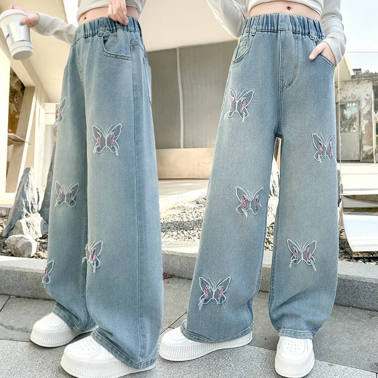 أنيقة الاطفال فتاة واسعة الساق الجينز مع الفراشات الكورية الأطفال عالية الخصر فضفاض الدنيم السراويل للمراهقين جينز غير رسمي بنطلون