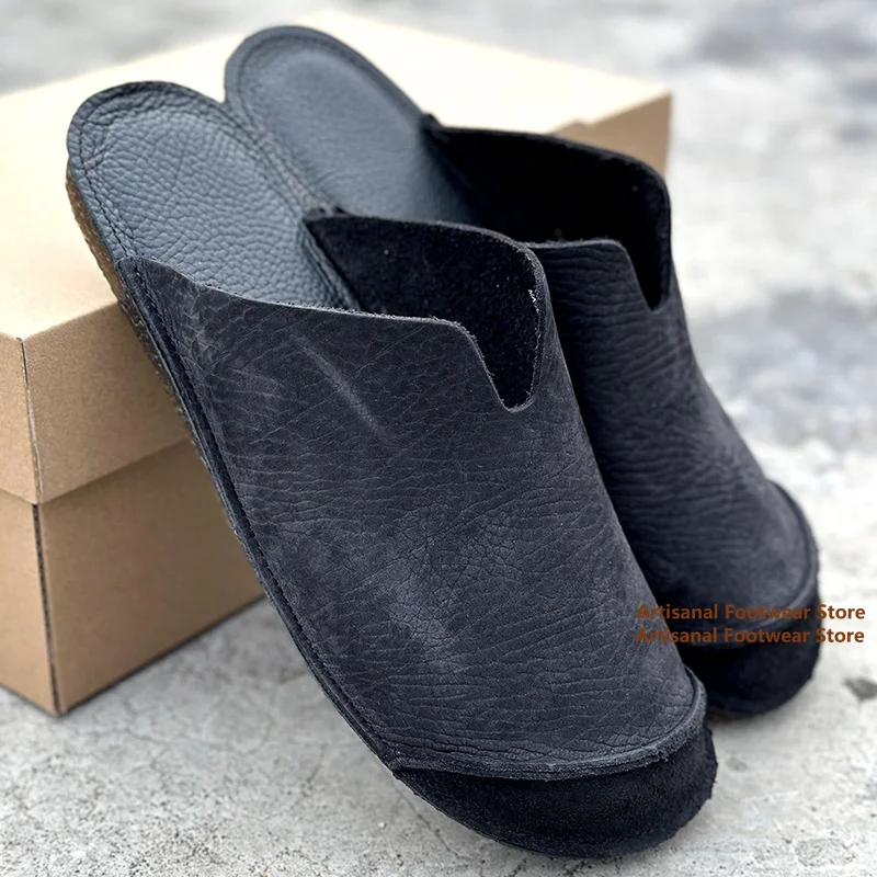 

Soft Leather Soft Sole Men's Slippers Cowhide Slip On Mules Black Leather Lightweight Casual Shoes Vintage Indoor Slippers