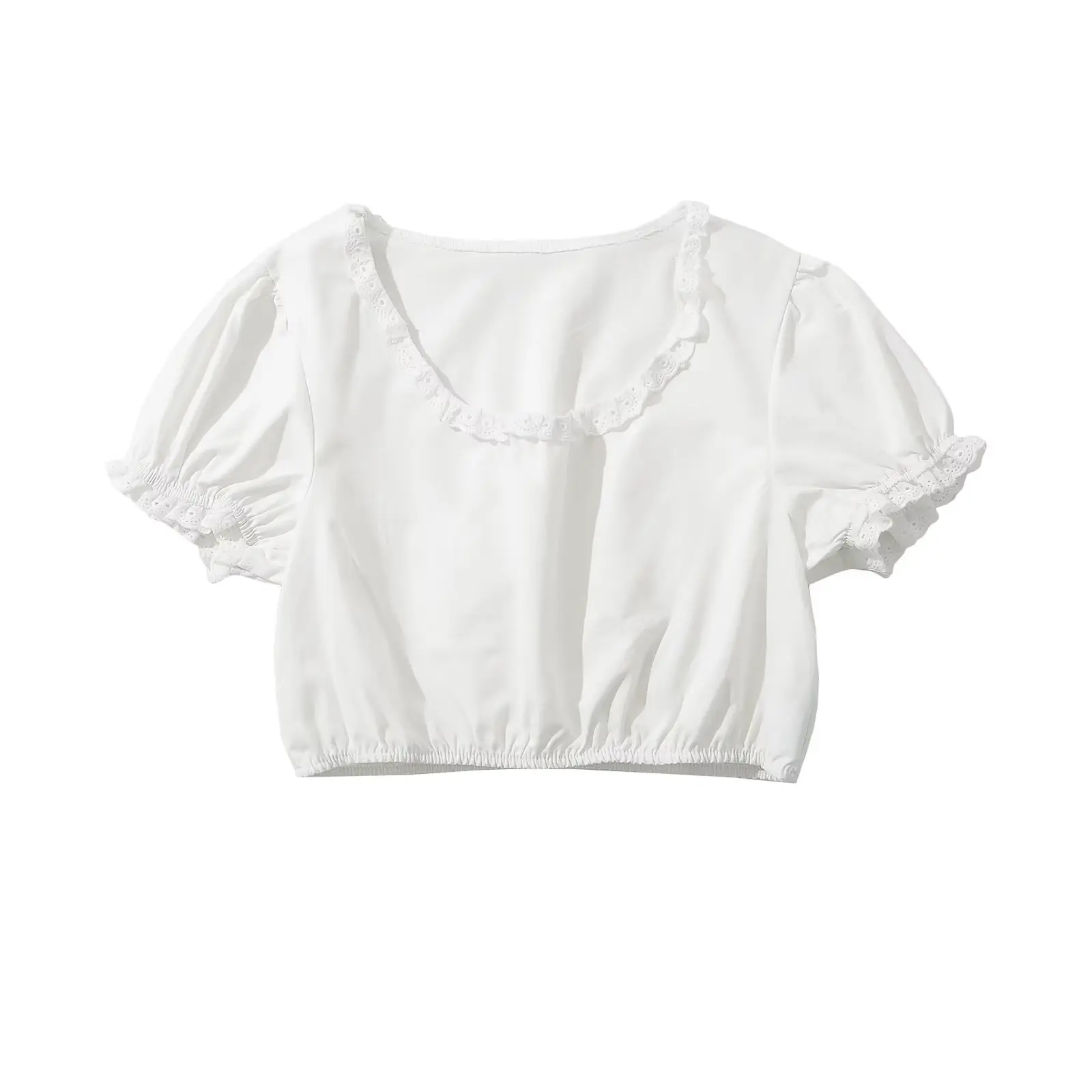 

ZBZA Spring New Women's Faion Design Cotton Lace Bubble Sve Top Sweet Sle ort Sve round Ne Pure Color Polyester...