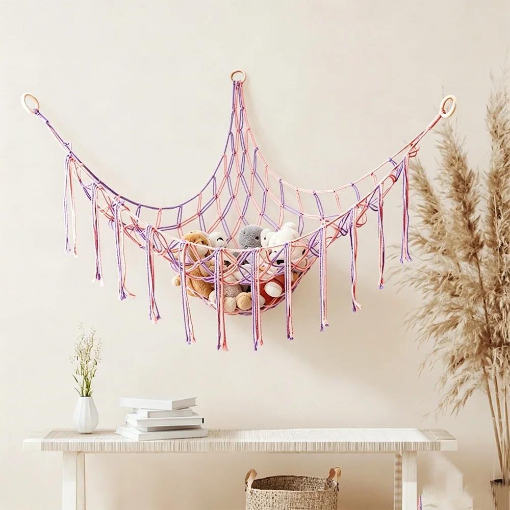 Boho Wand-Spielzeugaufbewahrungsnetz mit Quaste, handgefertigtes Baumwollseilnetz, gewebter Organizer für Kinderzimmer, Schlafzimmer, Wanddekoration, einfach zu hängen – Detail 1