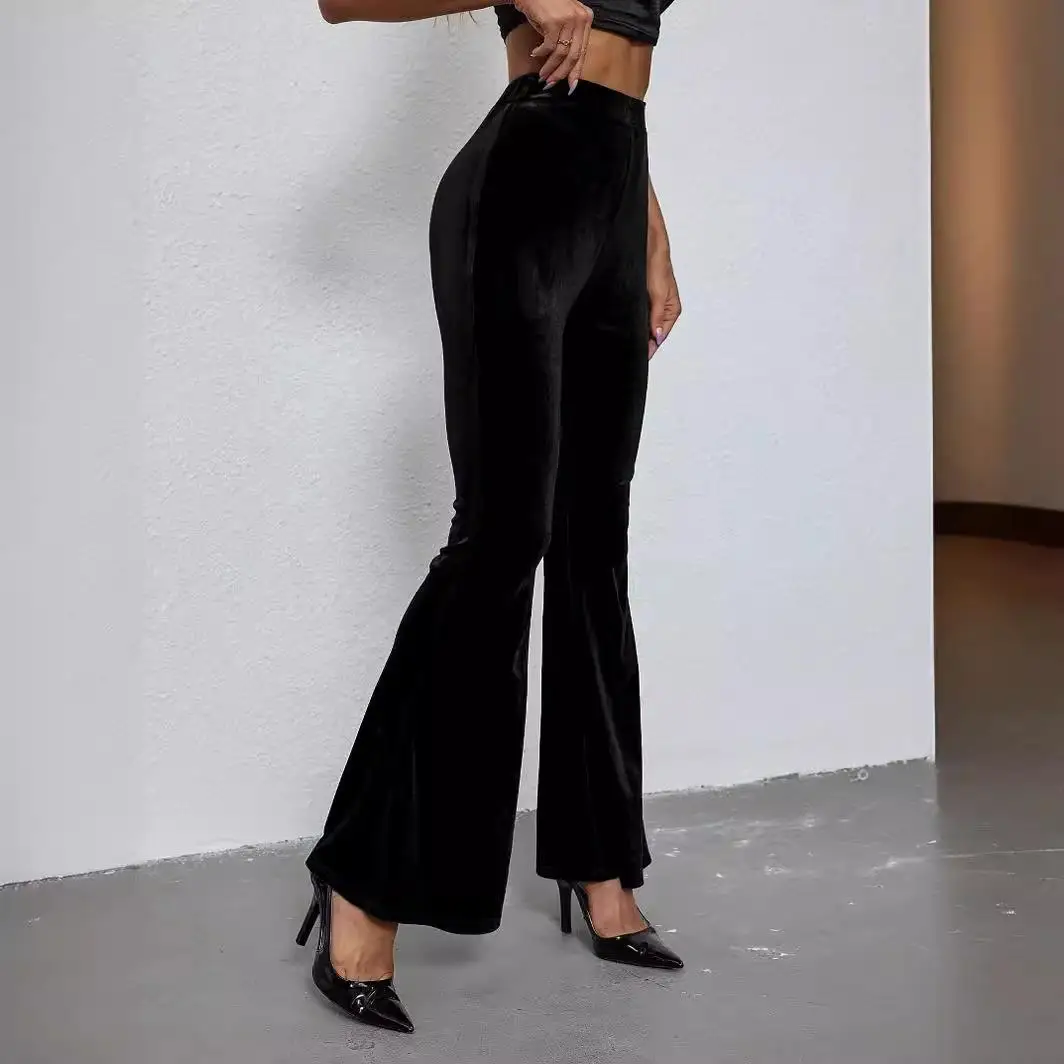 女性用ハイウエストベルベットフレアパンツ カジュアルポリエステル繊維 中年女性向けファッショナブルなズボン
