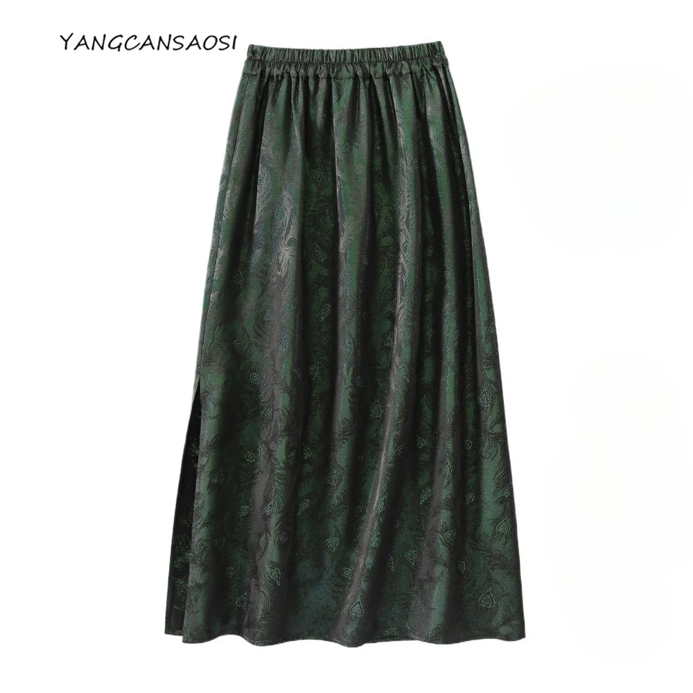 

Women's Autumn/Winter New Light Luxury Pantone 35% Natural Mulberry Silk 65% Wool Elastic Waist Loose Slit Straight Tube Skirt