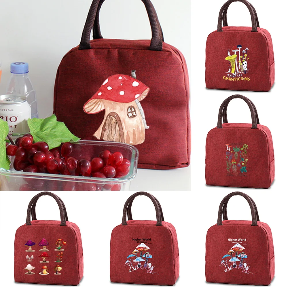 

Mushroom Print Lunch Bag Cooler Handbags Insulated Box Canvas Bag Thermal Cold Food Container School Picnic Travel Lunch Box Bag