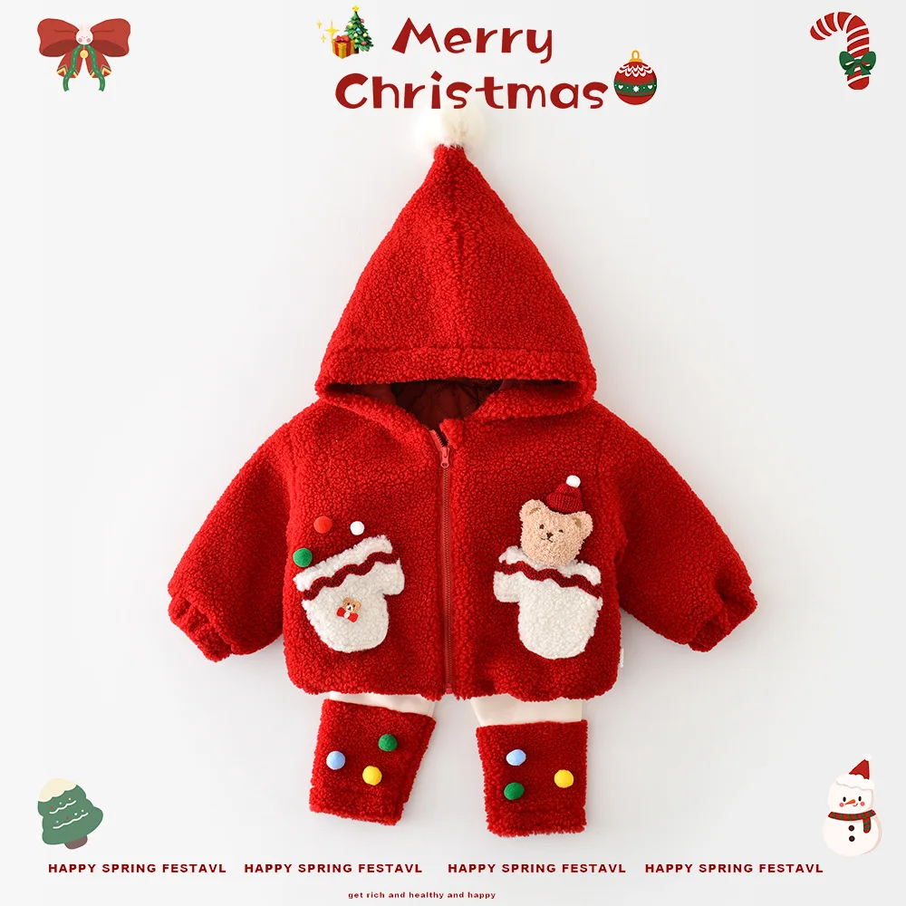 2024 Winter Christmas Baby Girls Jacket Hooded Cartoon Bear Hairy Warm Infant Girls Outerwears Coat Toddler Girls Parkas