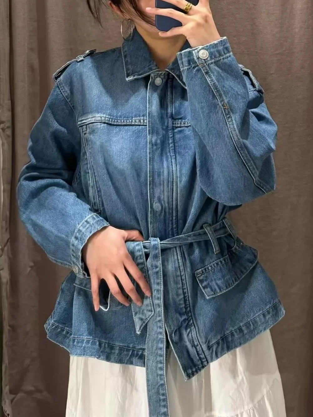 

Autumn Women's New Lapel Single Breasted Bow Belt Decorated Denim Jacket with Pocket Zipper Fashion Street Wear