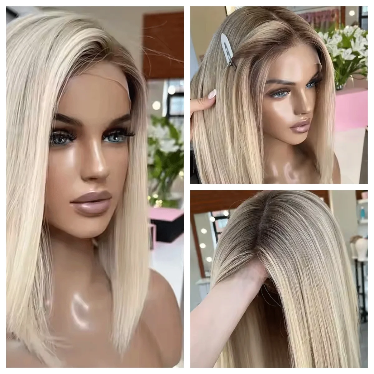 

Textured Platinum Blonde Shoulder Straight Lace Frontal Wig With Shadow Root 18 Inches Synthetic Lace Front Wig For Women