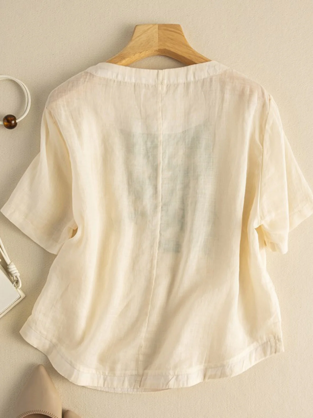 Retro Embroidered Cotton Linen ort Sve T-irt Women's Loose Fit Summer round Ne Plant Floral Pattern Commute Sle