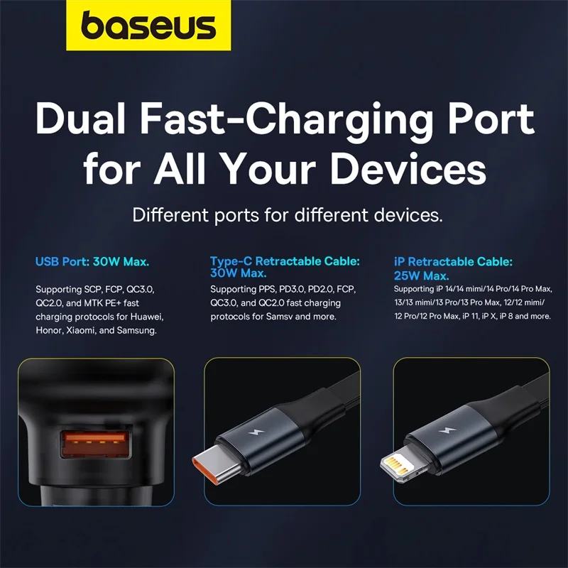 Baseus Car Charger 55W PD QC Fast Charge Retractable Cable For iPhone 12 13 14 Pro Max USB Type C Cable For Samsung S23 Xiaomi