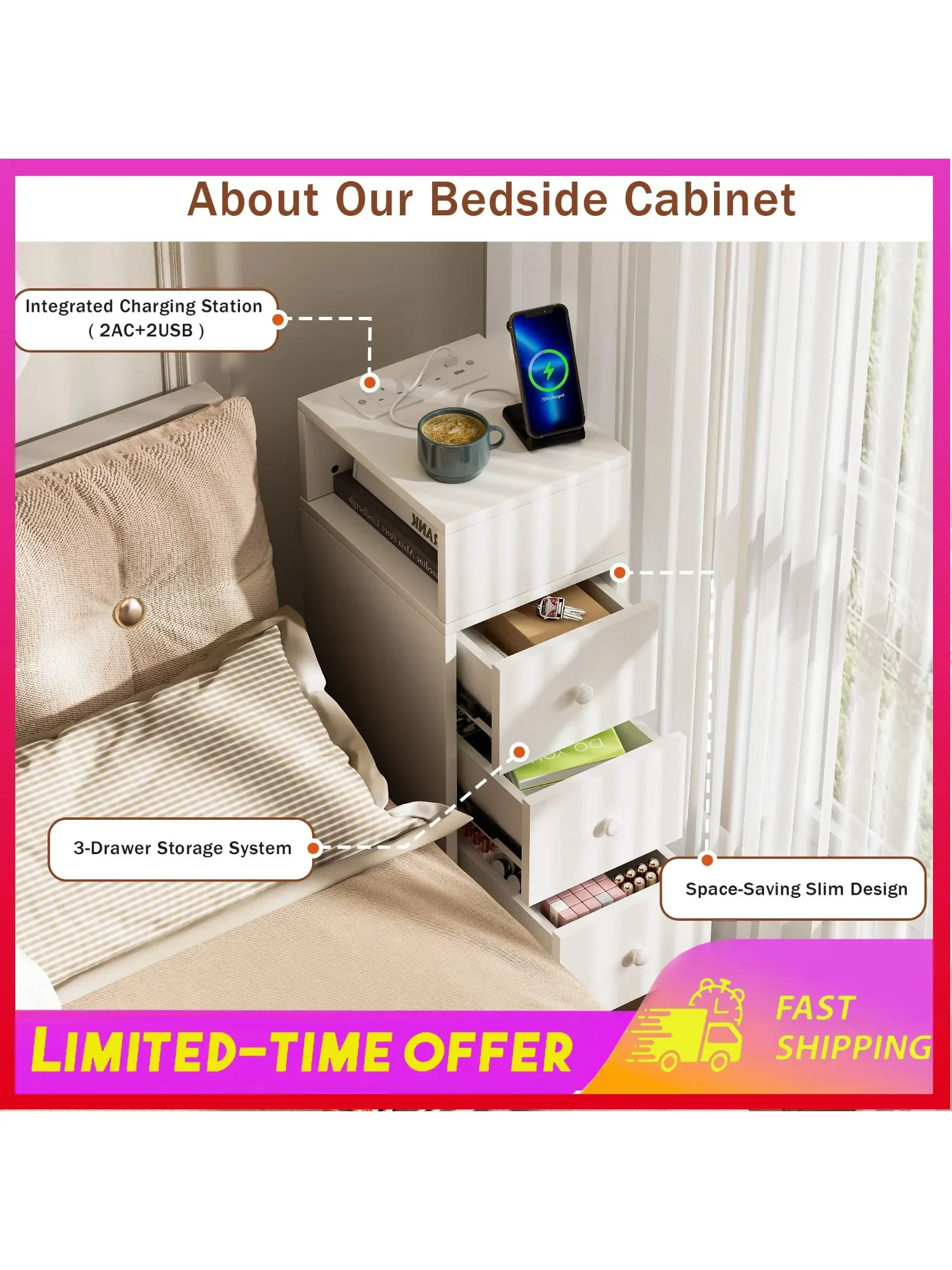 Wood Nightstand Style Storage Drawers Pull-Out Tray Bedroom Bedside Table Living Room Charge Narrow Design Minimalist Furniture