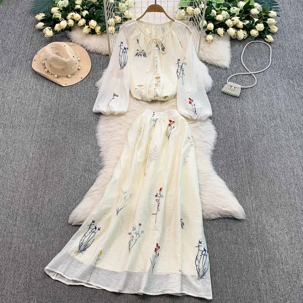 

Women Embroidered Skirt Two-piece Set Round Neck Single Breasted Lace Up Long Sleeved Shirt A-line Skirt Summer Female Suit