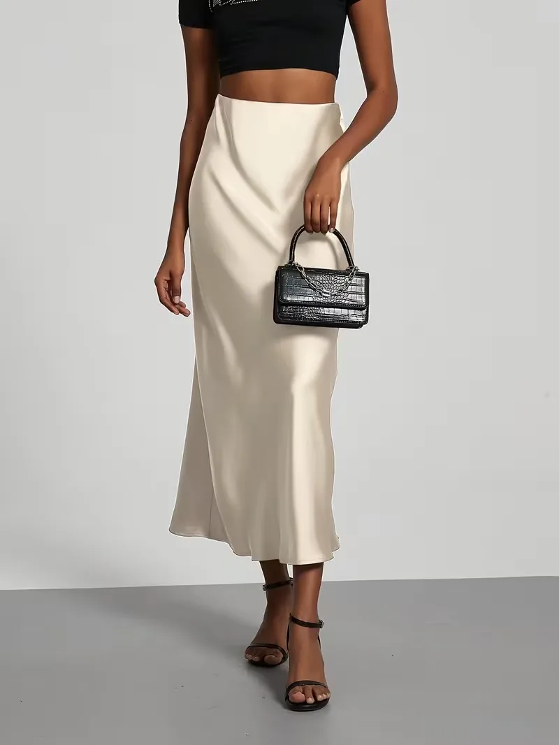Elegant Satin Midi Skirt High Waist Skirt Party Wedding Guest Skirt Evening Cocktail Black White Apricot Polka Dot Coffee 2026