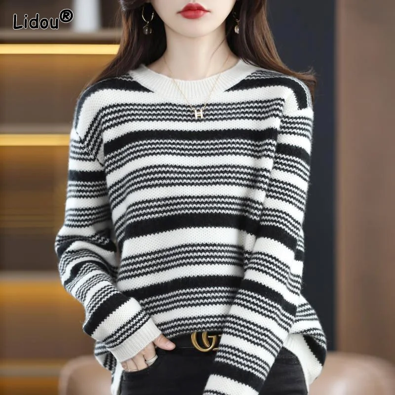 

O-Neck Korean Autumn Winter Pullovers Thick Striped Spliced Women's Clothing Slight Strech Loose Knitting Sweater Lightly Cooked