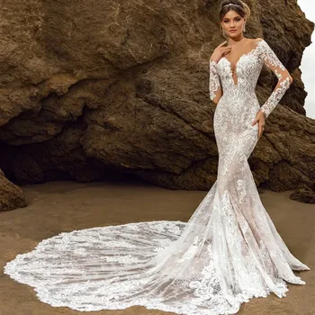 Vestido de novia de manga larga de sirena exquisito personalizado, Apliques de encaje, Vestidos de novia para mujer, Vestidos sexis con escote en V profundo y espalda descubierta
