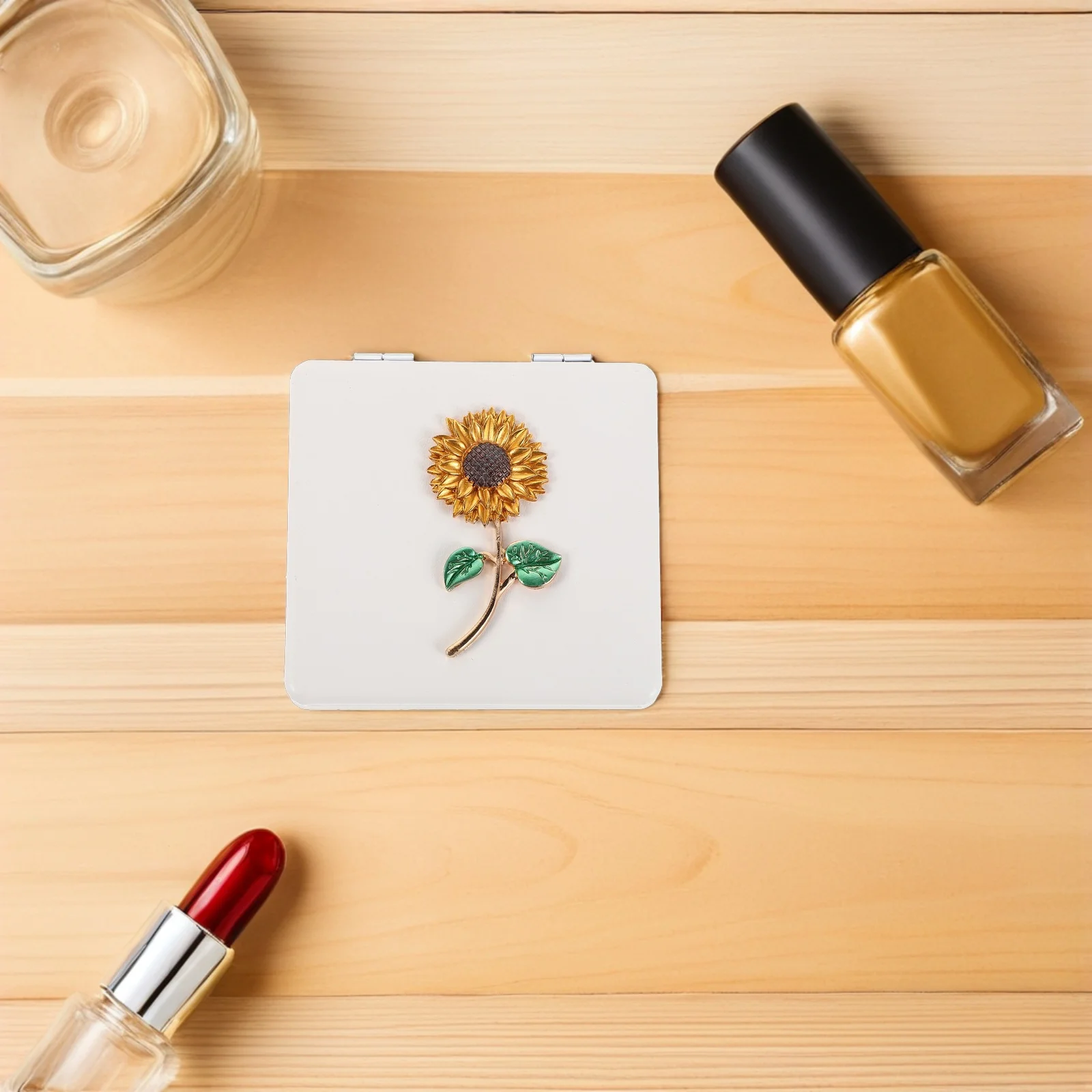 Vierkante mini opvouwbare spiegel PU zonnebloem dubbelzijdig draagbare zak make-upspiegel reistas handtas