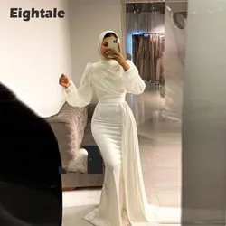 Eightale Sparkly Prom Dresses Muslim Long Sleeves Satin Ivory Mermaid Evening Party Gown Arabic Muslim Karakou robes de soirée