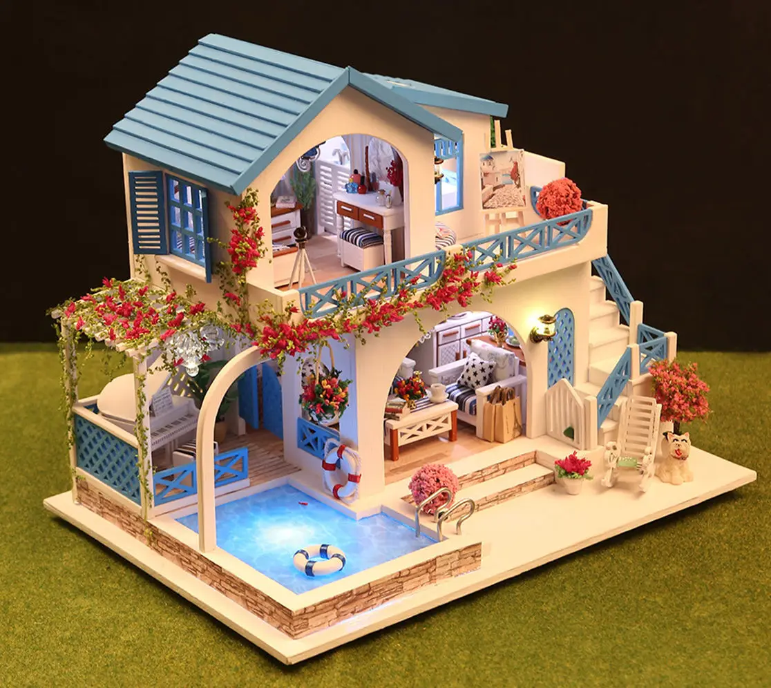DIY الأزرق الأبيض مدينة فيلا 3D لغز خشبي الساحلية نمط اليدوية التجمع نموذج منزل مصغر هدية عيد ميلاد الإبداعية #2
