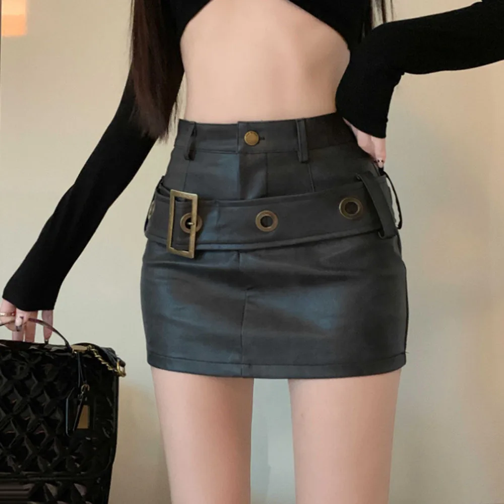 2025 Purple Skirt Retro Brown Pu Leather Bodycon Skirts Women New Spice Girl A-word Skirt Tight Hip-wrapped Mini Faux Leather