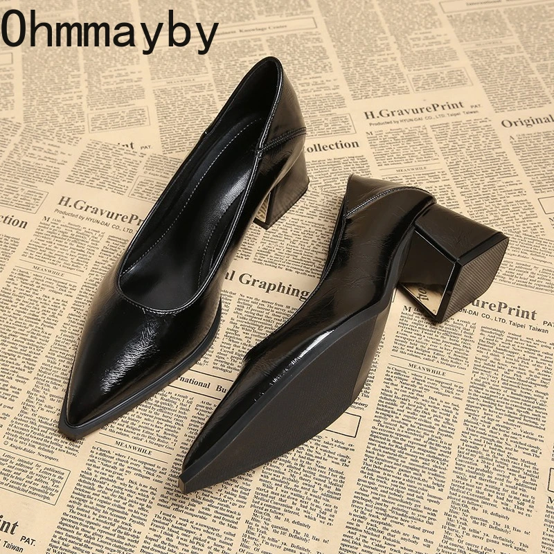 جديد 2026 ربيع كعب سميك النساء ماري جين أحذية موجزة الضحلة الانزلاق على أحذية عمل المرأة أشار تو فستان الحفلات مضخات