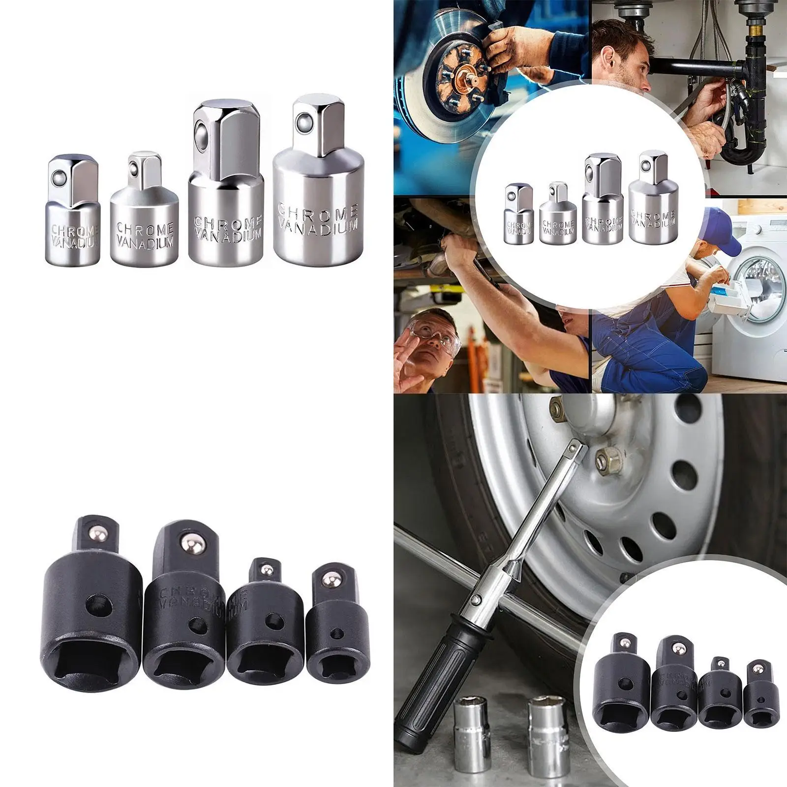 2x4x Impact Socket Adapter Set Metal High Strength Portable Driver Conversions Silver
